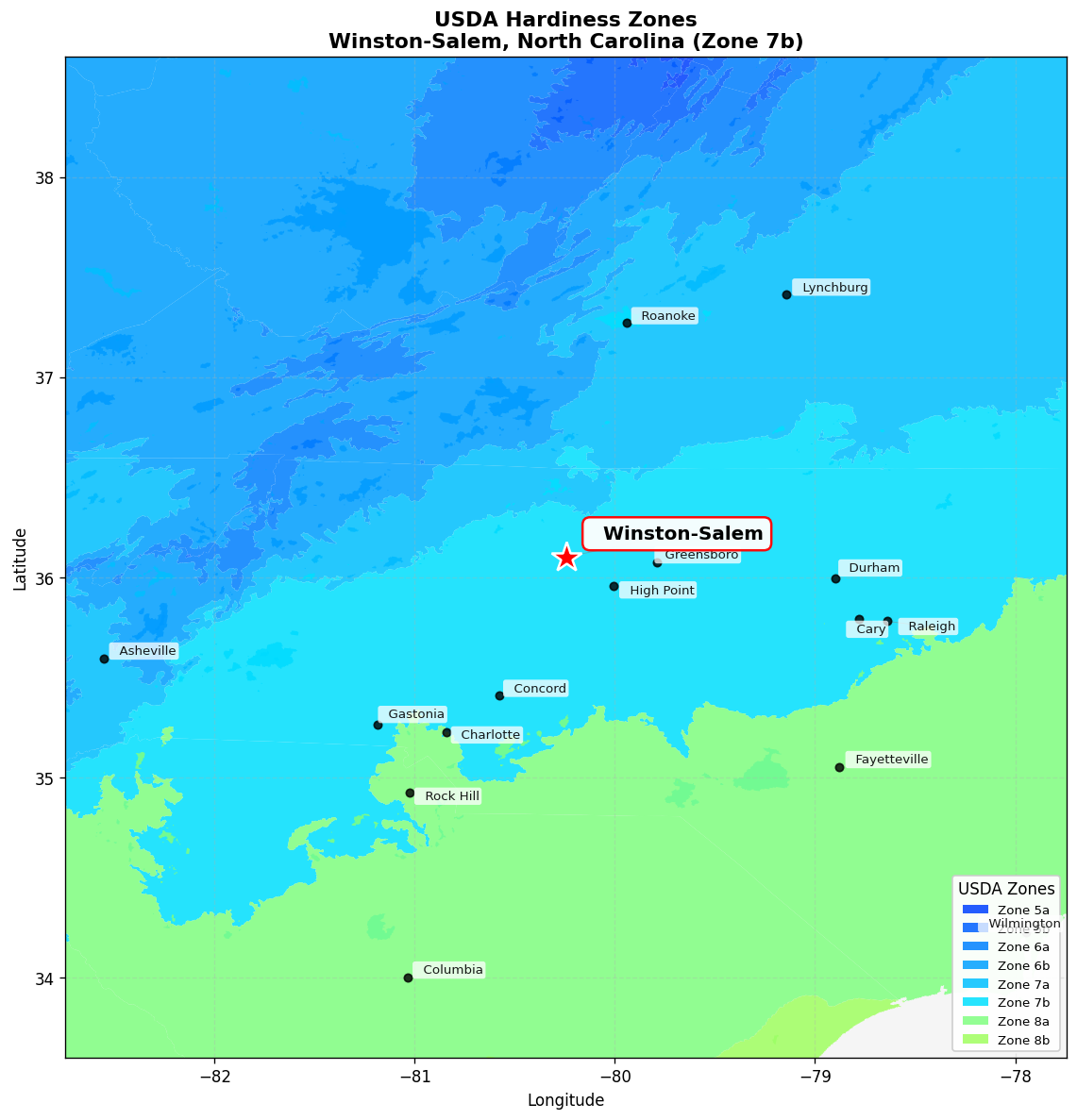 USDA Hardiness Zone 7b Map for Winston-Salem, NC